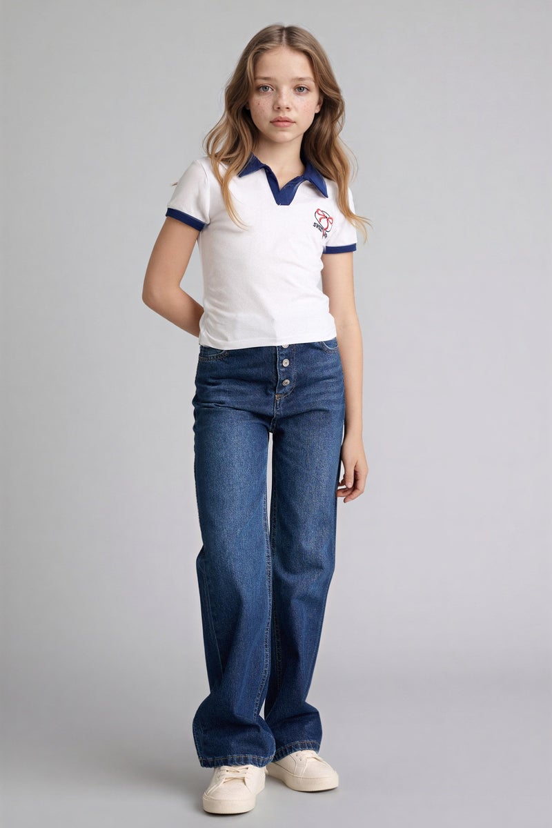 DeFacto White Girl Girl Slim Fit Polo Collar Printed T-Shirt Casual - Image 2